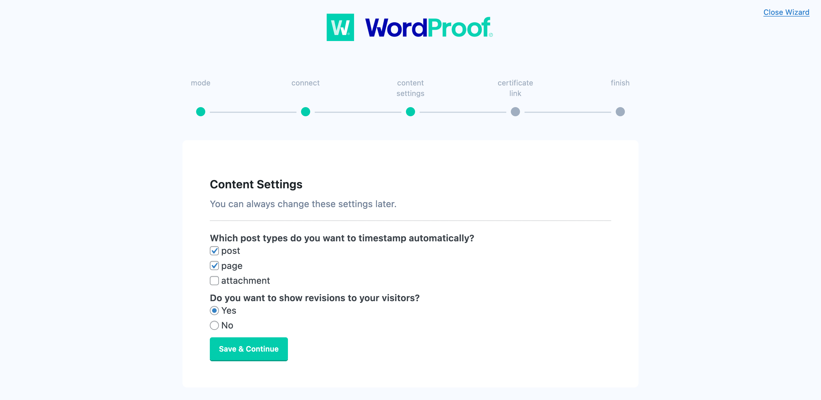 Running through the content settings within WordProof.