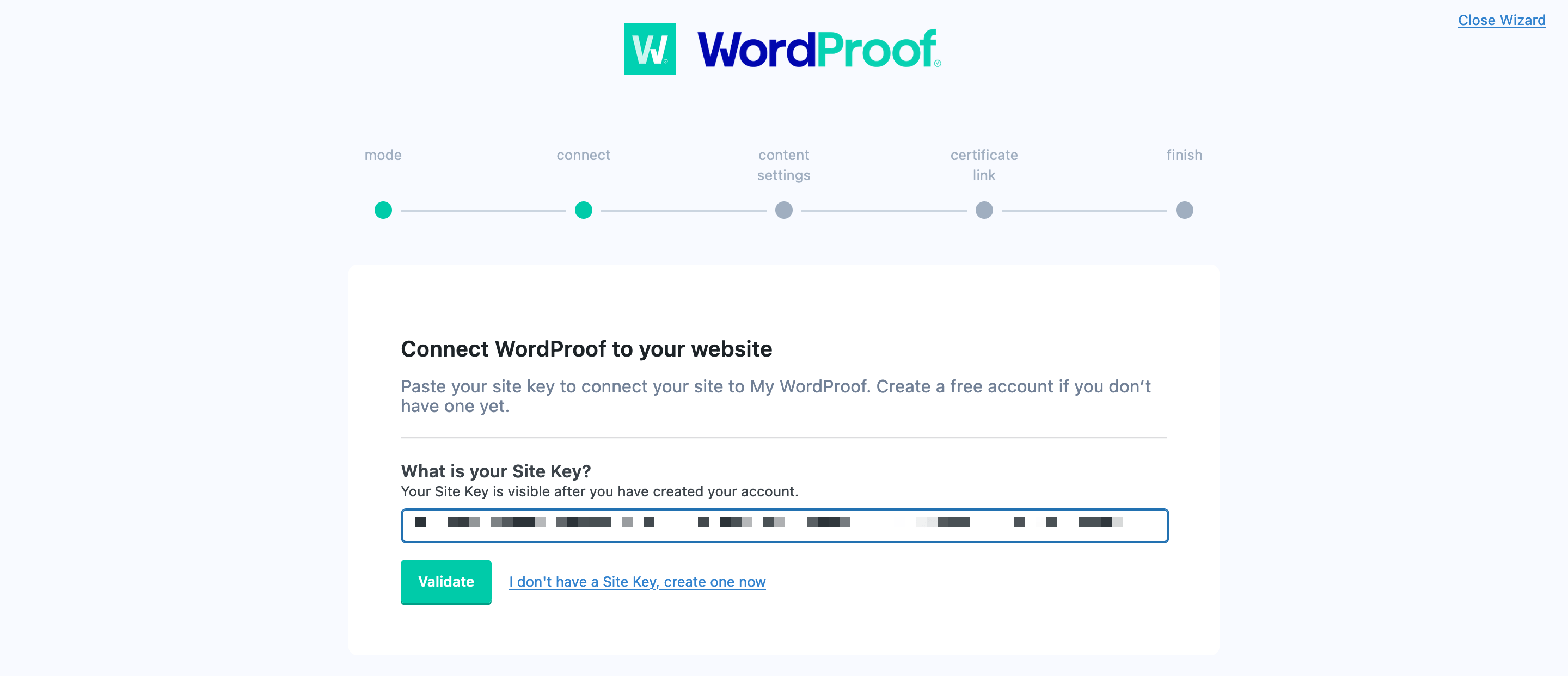 Adding a site key to WordProof.